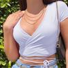 2021 Summer New Women's Short-sleeved Fashion Sexy Solid Color V-neck Short-sleeved Cross Straps Sexy V-neck Navel Slim Slimming T-shirt Casual Top