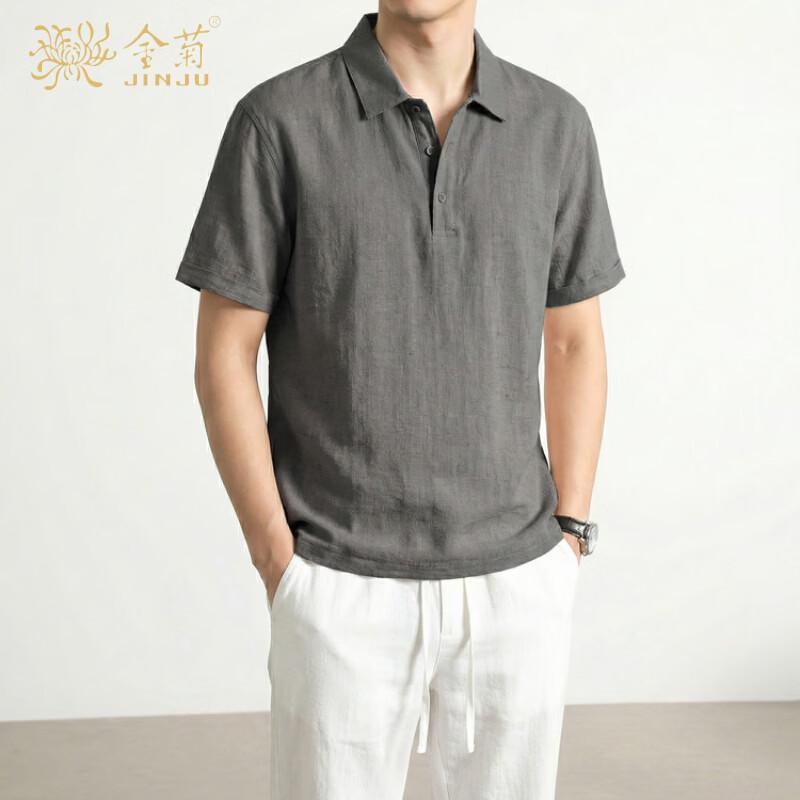 Men s Pure Linen Short Sleeve Polo Shirt XL
