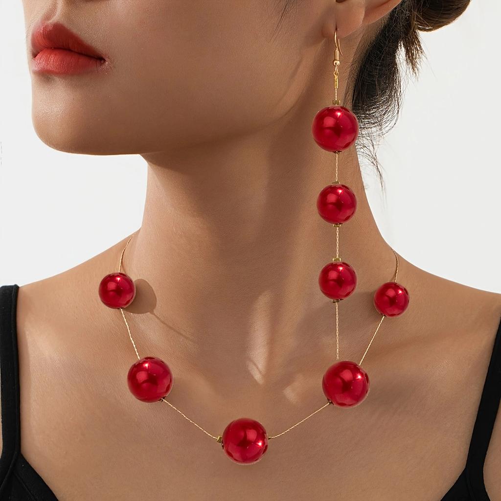1 Set of Red Bead Earrings, Necklace, High-end Fringed Long Jewelry Temperament, French High-end Sense