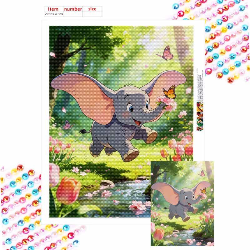 Disney Dumbo diamond art painting flying elephant with flowers handmade diy kit home decoration Round 20x30cm