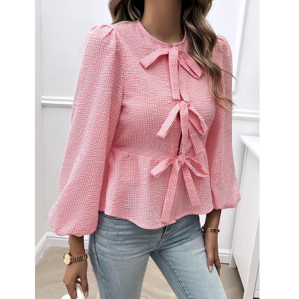 

Женские осенне-весенние блузки и рубашки женские повседневные свободные топы с круглым вырезом и рукавами-фонариками XL розовый