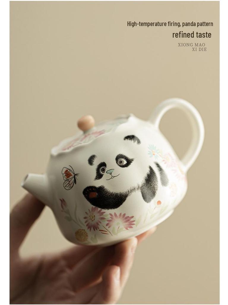 Panda & Butterfly Ceramic Teapot in Beige - Kung Fu Tea Set with Filter