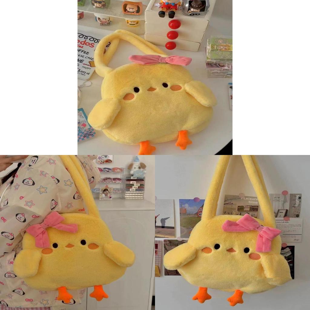 Small Plush Yellow Duck Handbag With Ruffled Bow For Daily Fashion And Casual Use
