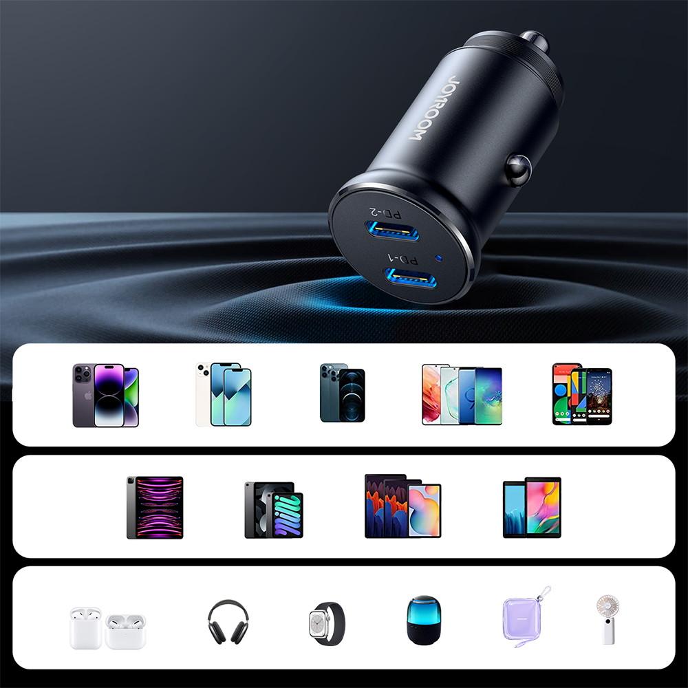 Joyroom JR-CCN06 30W Dual USB-C Car Charger – Elegant Black Metal, Space-Saving Design