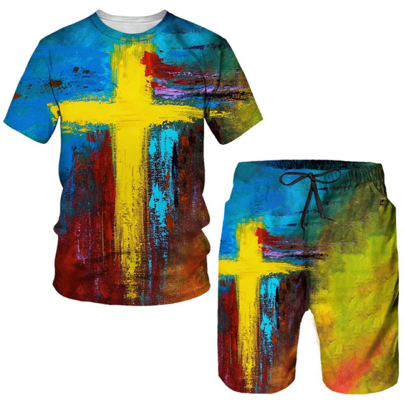 Vintage Shorts Set 3D Jesus T-shirt Men Casual Men's T Shirt + Shorts Sets Mens Sports Sets Tee Men Outfits Oversize Set 2 Piece