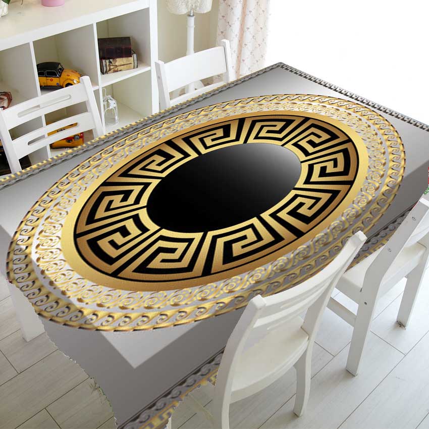 Luxuriöse, rechteckige Tischdecke mit geometrischem Muster in Schwarz und Gold, bedruckt für Tisch und Dekoration, wasserdichte Tischdecke