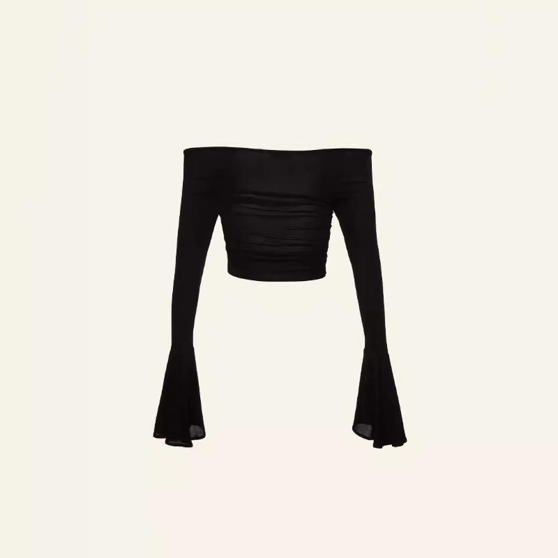 Women's Summer Big Flared Sleeves Slim Sexy Line Collar Top