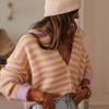 V-neck cardigan sweater women's lazy wind cardigan jacket autumn and winter contrasting color striped loose sweater