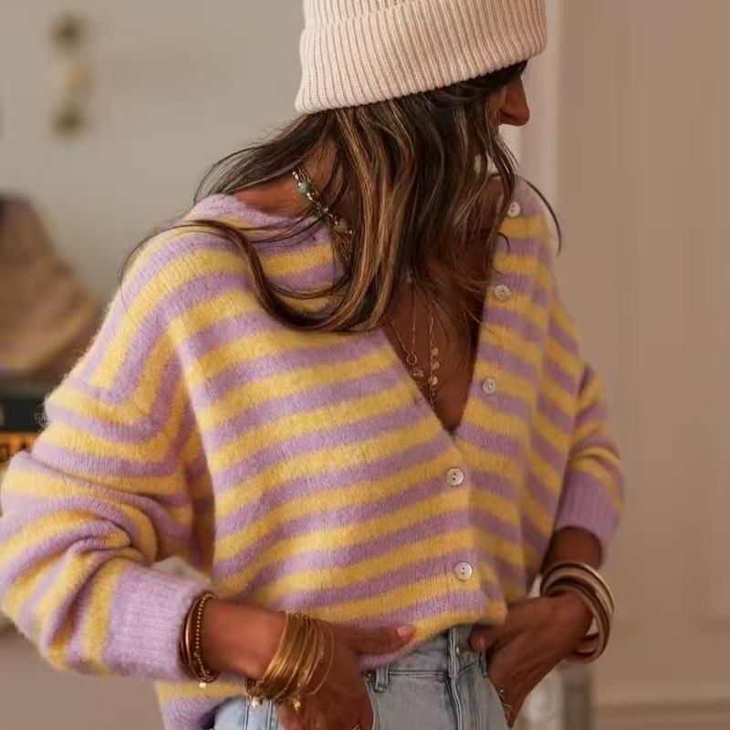 V-neck cardigan sweater women's lazy wind cardigan jacket autumn and winter contrasting color striped loose sweater