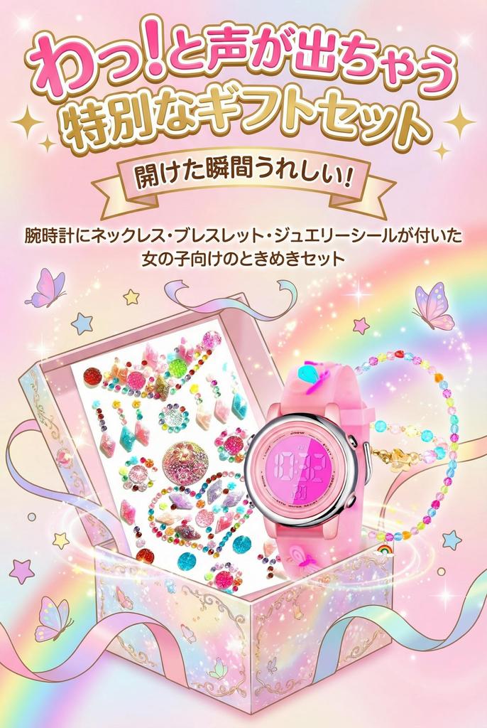 Girls Digital Watch, Kids 7 Color LED, Waterproof, Stopwatch, Alarm, Jewelry Set, Necklace, Bracelet, Stickers, Gift, Present (Butterfly Pink)