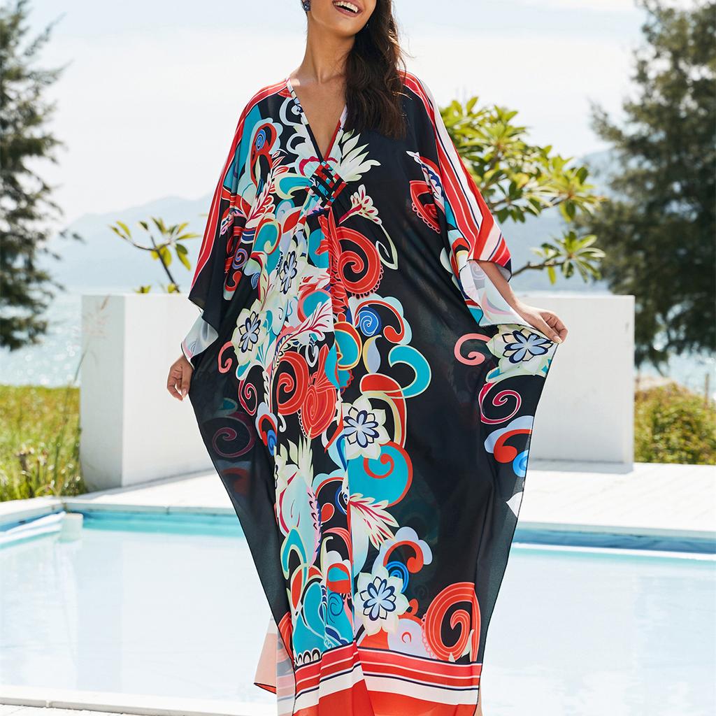 YYFS Damenmode Urlaub Sommer Frühling Blumenmuster Druck Langarm V-Ausschnitt Freizeitkleider