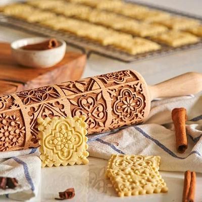 1 pz Mattarello di Natale in Legno con Motivi di Fiori di Renna per Pasticceria da Cucina, Strumenti per Cottura Fai da Te Stampo per Biscotti 3D Goffrato