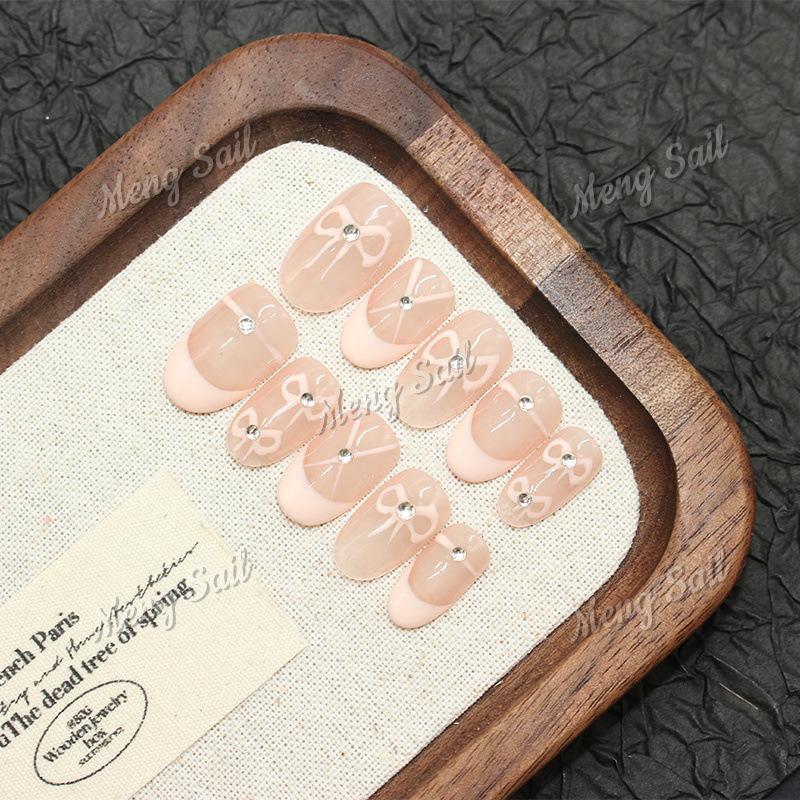 Cherry Bow Diamond Almond-Shaped Wearable Pink Ballet Nails - Handmade Fresh French Design