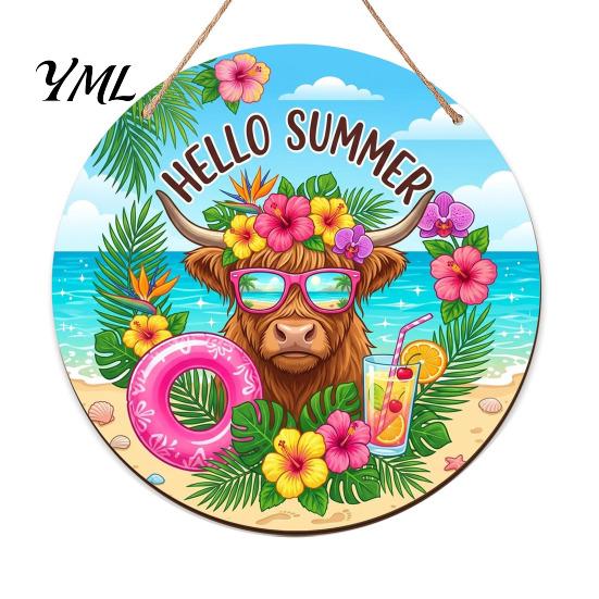 Natural Hemp Rope Wood Plaque Summer Wooden Hanging Sign, Beach Style Wall Decor with Rope, Bright Printed Sign Indoor Outdoor Theme Decoration