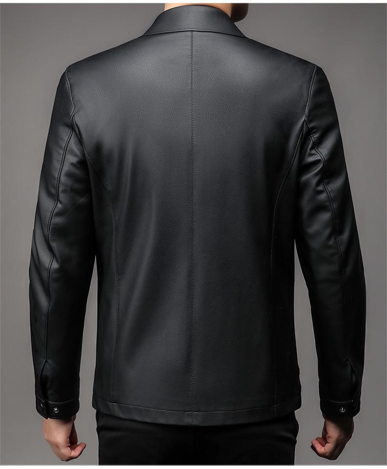 Pánská kožená bunda z ovčí kůže s límečkem pro střední věk - Neformální motorkářské svrchní oblečení ve stylu "táta" s podšívkou z plyše