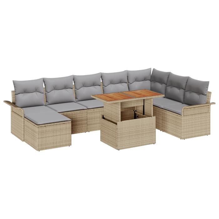 VidaXL Ensemble de salle à manger de jardin 9 pièces avec coussins beige en rotin poly acacia 3349370