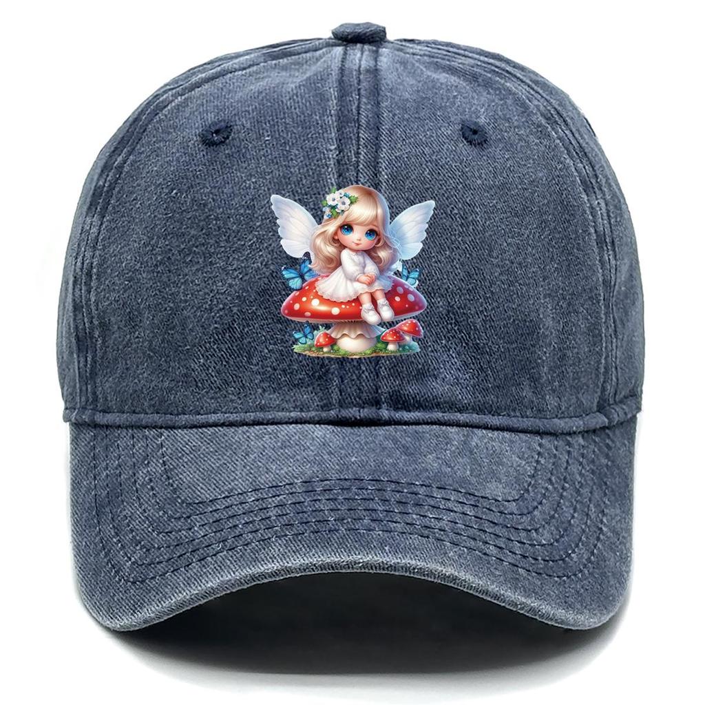 Angel Mushroom Print Snapback Baseball Hat, Trucker Hat Retro Curved Brim Leisure Stylish Adjustable Sun Hat