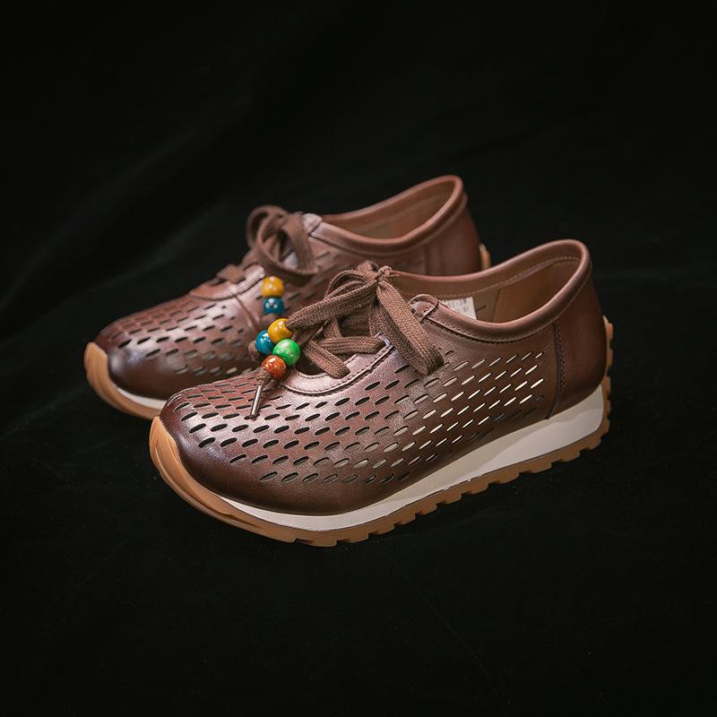 Johnature Genuine Leather Hollow-out Breathable Casual Shoes Lightweight Versatile Lace Up Women's Flat Shoes