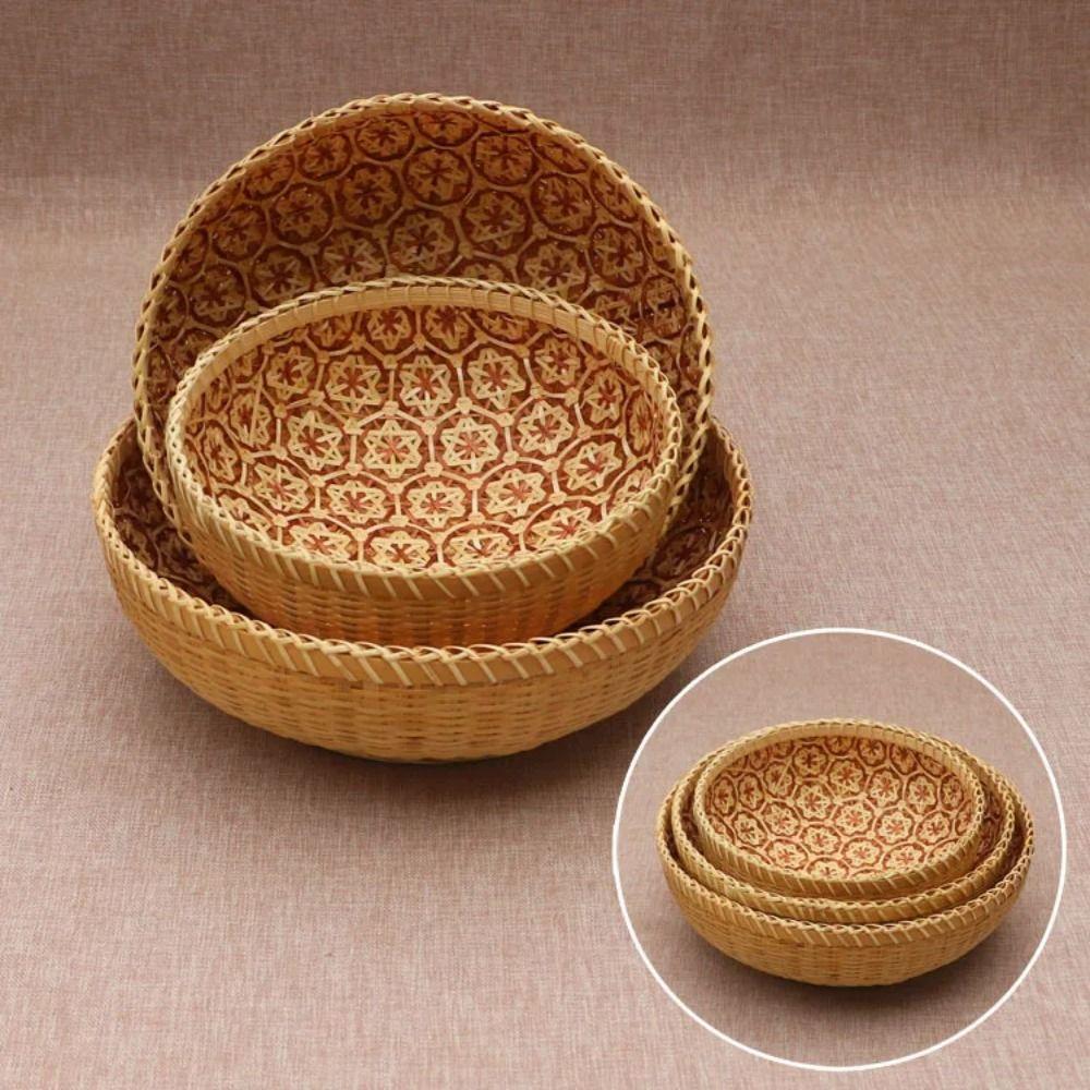 Sturdy Bamboo Storage Basket Handmade Fruit  Serving Tray Hand Woven Basket  Office