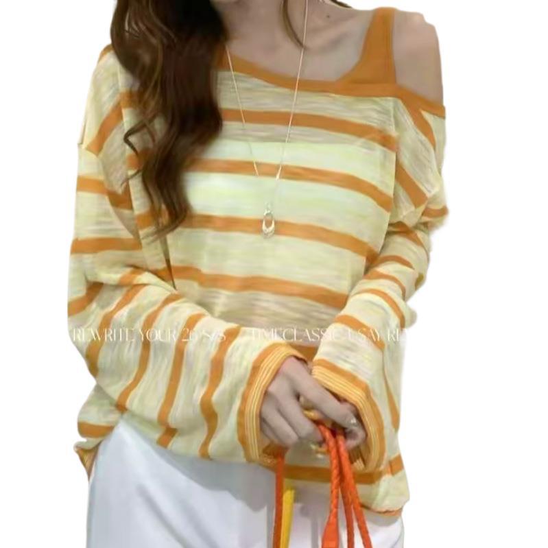 Korean Style Striped Sun Protection Knit Top - Women's Fashion Slimming Short Sleeve