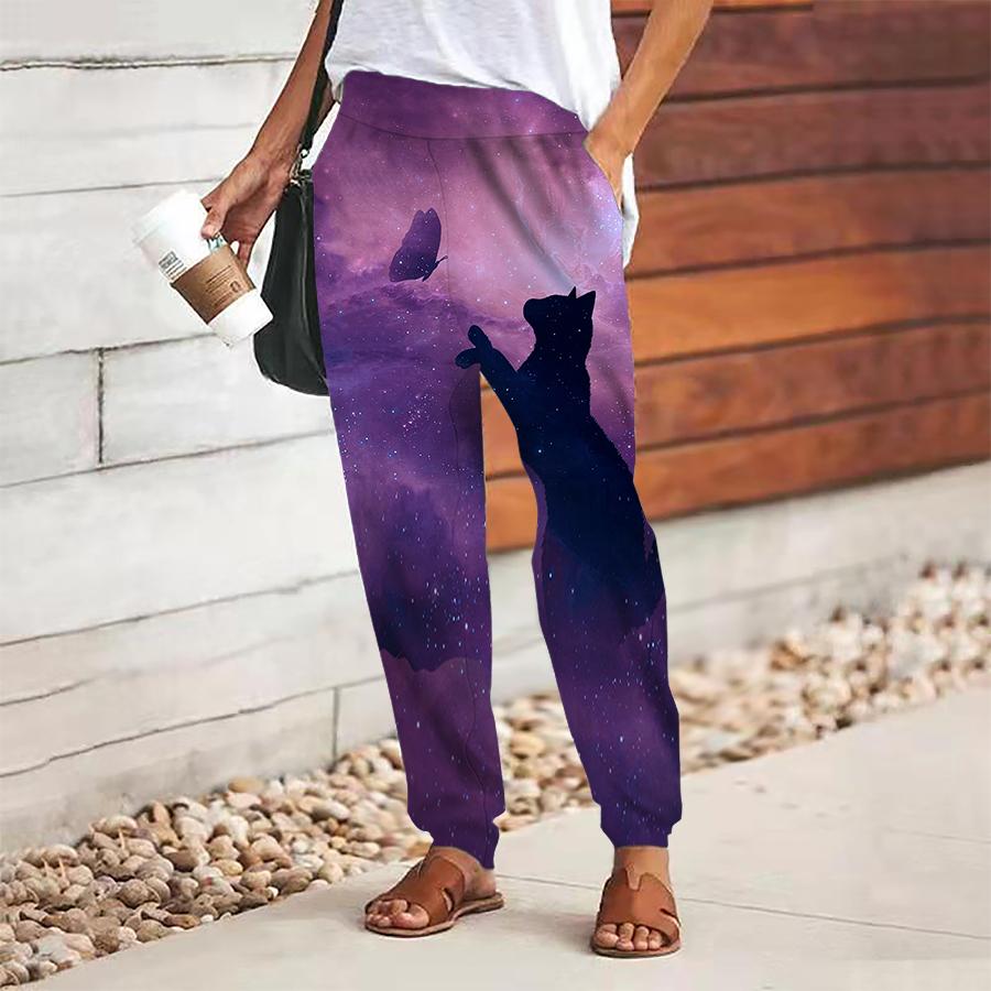 Women Cat Printing Pants Lace Up Elastic Waist Loose  Trousers Casual Long Pants Trousers with Pockets