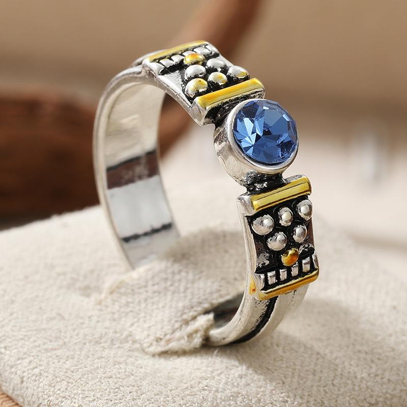 Vintage Inlaid Blue CZ Women's Ring Ethnic Two Color Geometry Daily Wear Party Jewelry Anniversary Gift