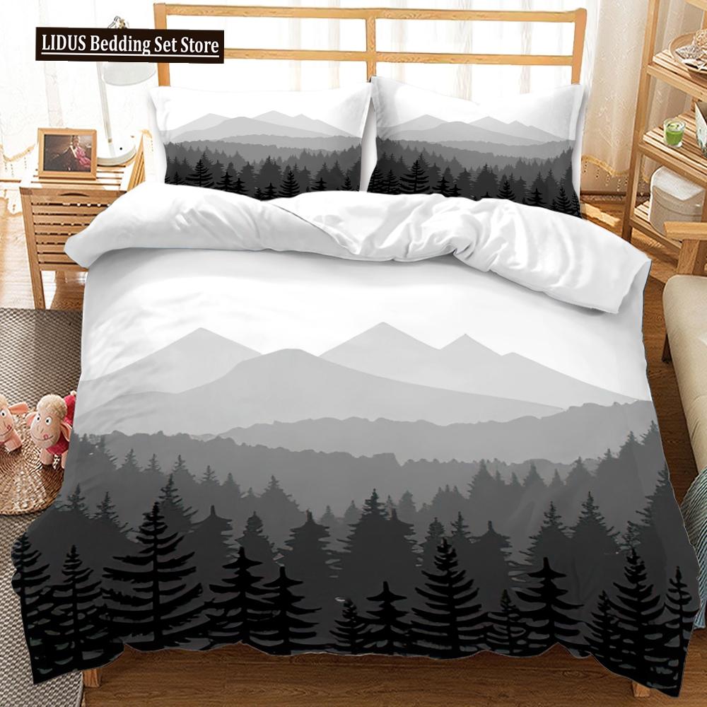 3D Mountain Forest Duvet Cover Set Snow Mountain Winter Theme King Queen Size Comforter Cover For Kid Teen Polyester Bedding Set