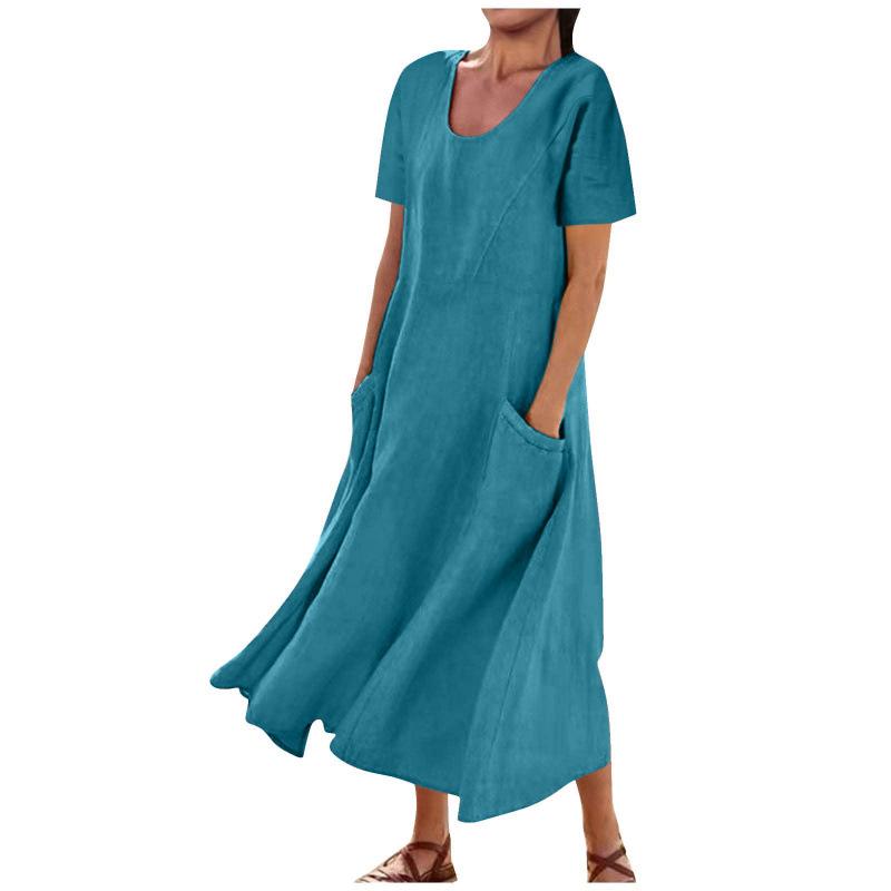 Women's Solid Color Round Neck Short Sleeve Loose Hem Dress