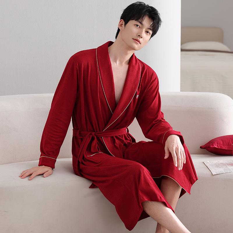 Nightgown Men'S Spring And Autumn Pure Cotton Long-Sleeved Red Bathrobe Men'S Large-Size Bathrobe Loungewear