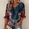 Women's Retro Floral Print Blouse with Ruffle Three-Quarter Sleeves and Tie Front