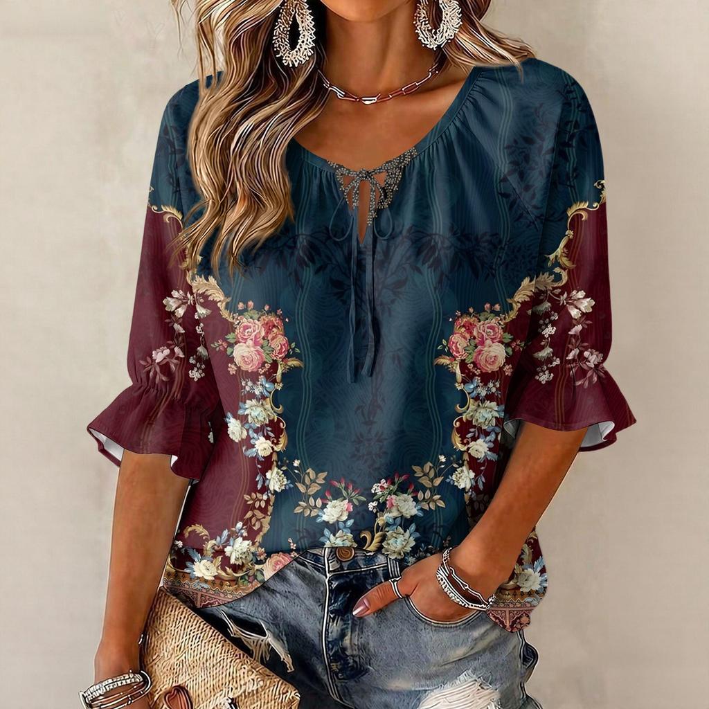 Women's Retro Floral Print Blouse with Ruffle Three-Quarter Sleeves and Tie Front