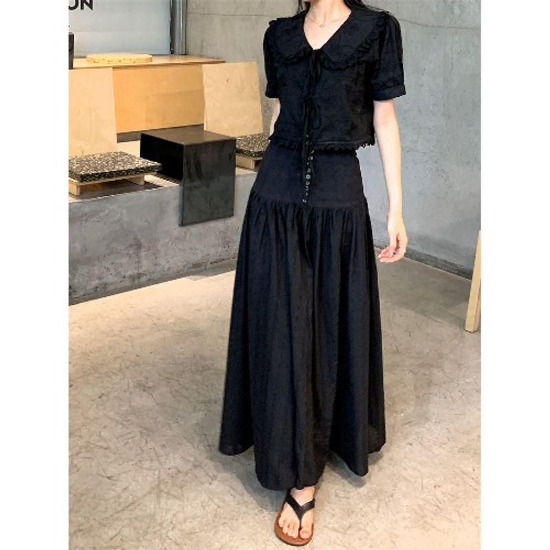 Stylish Lace Embroider Puff Sleeve Shirt Black Suit Women's Autumn Skirt Long Skirt Large Swing Skirt Two-piece Set