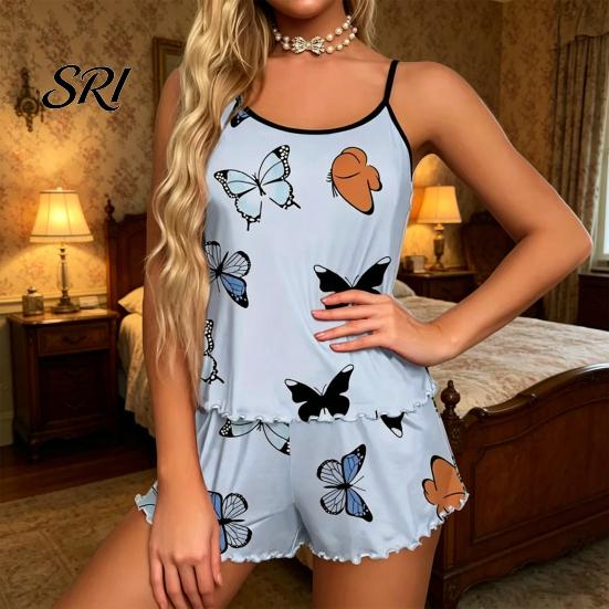 Spaghetti Strap Sleepwear Women s Cami Pajama Sets, 2 Piece Sleeveless Tank Top And Summer Set Women Shorts Pjs Sleepwear, Butterfly Print Ruffle Trim S светло-синий
