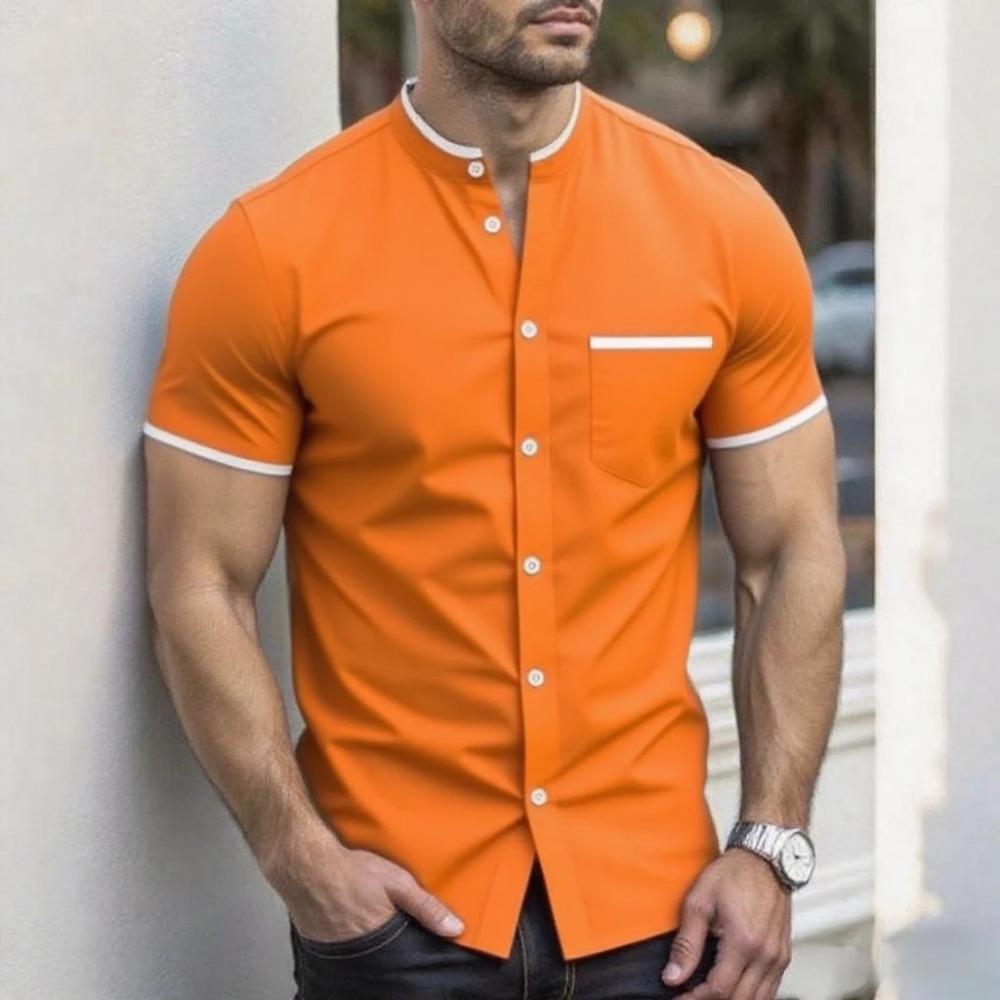 New Men Summer Short Sleeve Fashion Stand Collar Shirt Men Pure Color Casual Shirt