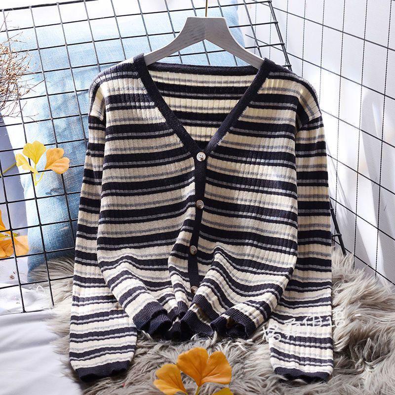 

Женский кардиган в полоску в корейском стиле, с длинным рукавом, универсальный топ, верхняя одежда-свитер для весны и осени. S for 38-49kg верблюд