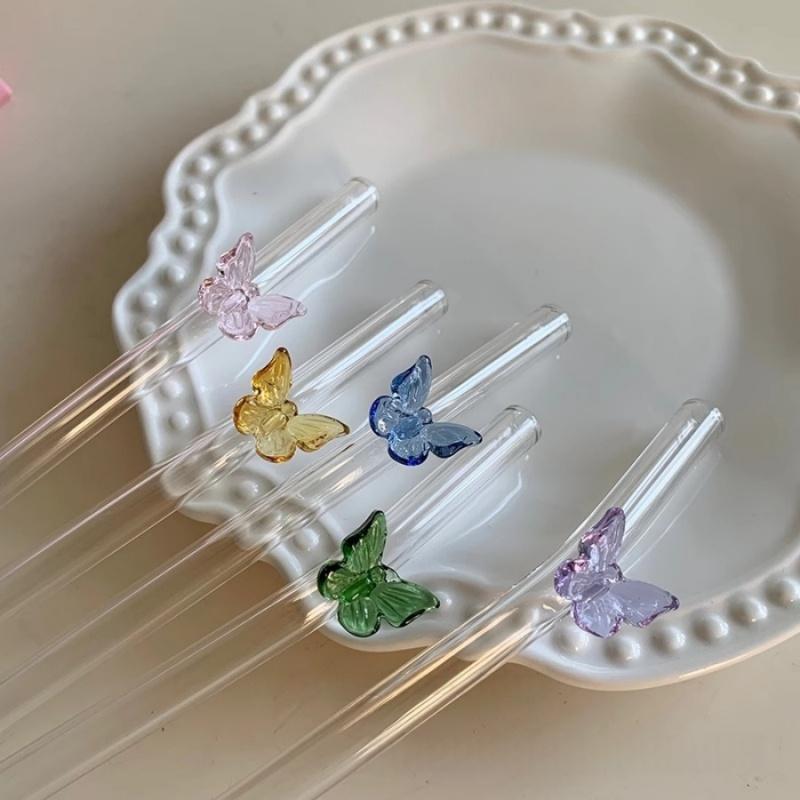8pcs/pack Butterfly Glass Straws Household Colorful Heat Resistant Bent Straws Gift Set with Cleaning Brushes