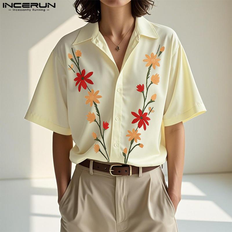 INCERUN Summer Men Lapel Neck Short Sleeve Floral Print Buttons Casual Shirts