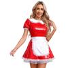 Womens Maid Cosplay Dress Patent Leather A Line Design Doll Collar Puff Sleeve Ruffle Lace Masquerade Outfit