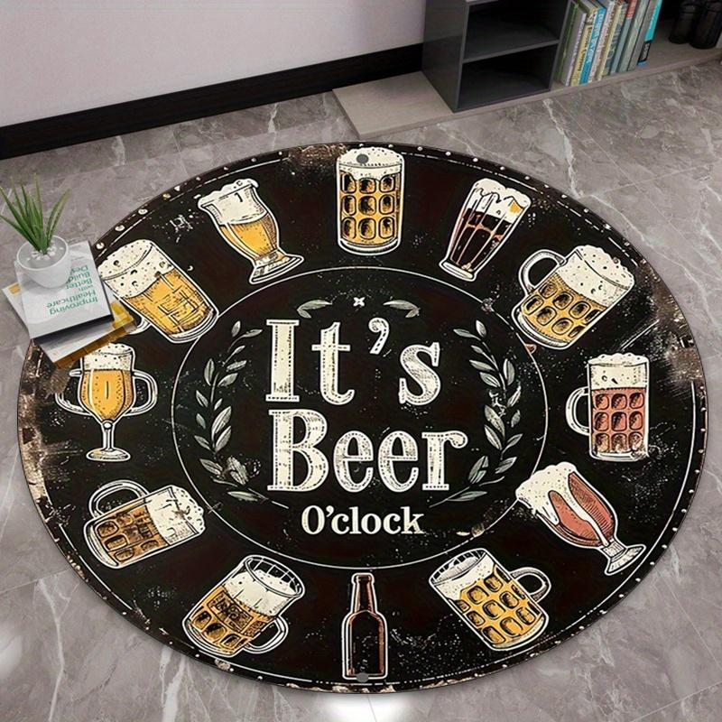 Funny Beer O’Clock Round Rug Flannel Soft Man Cave Bar Game Room Decor Non Slip Washable Brewery Themed Floor Mat Gift Idea
