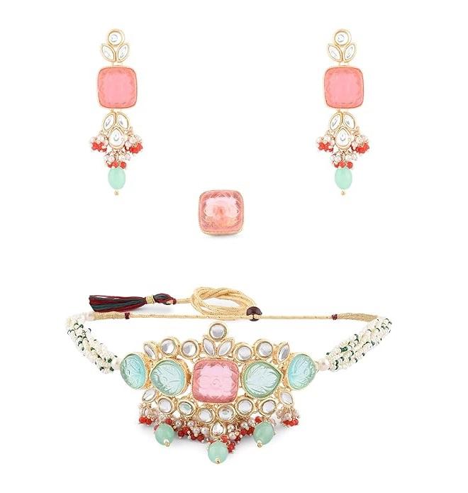 Multicolor Stones & Beads Multistrand Beaded Kundan Choker Necklace Earring & Ring Set For Women