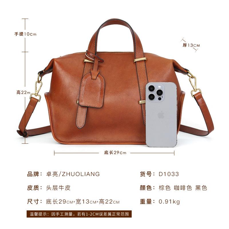 2026 Retro Solid Color Genuine Leather Handbag, Large Capacity, Design Boston Bag, Crossbody Women Designer Luxury Bag