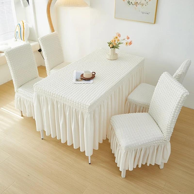 French Style Seersucker Table Cloth with Skirt Stretch Rectangular Anti-Dust Dining Table Cover Removable Washable Home Decor
