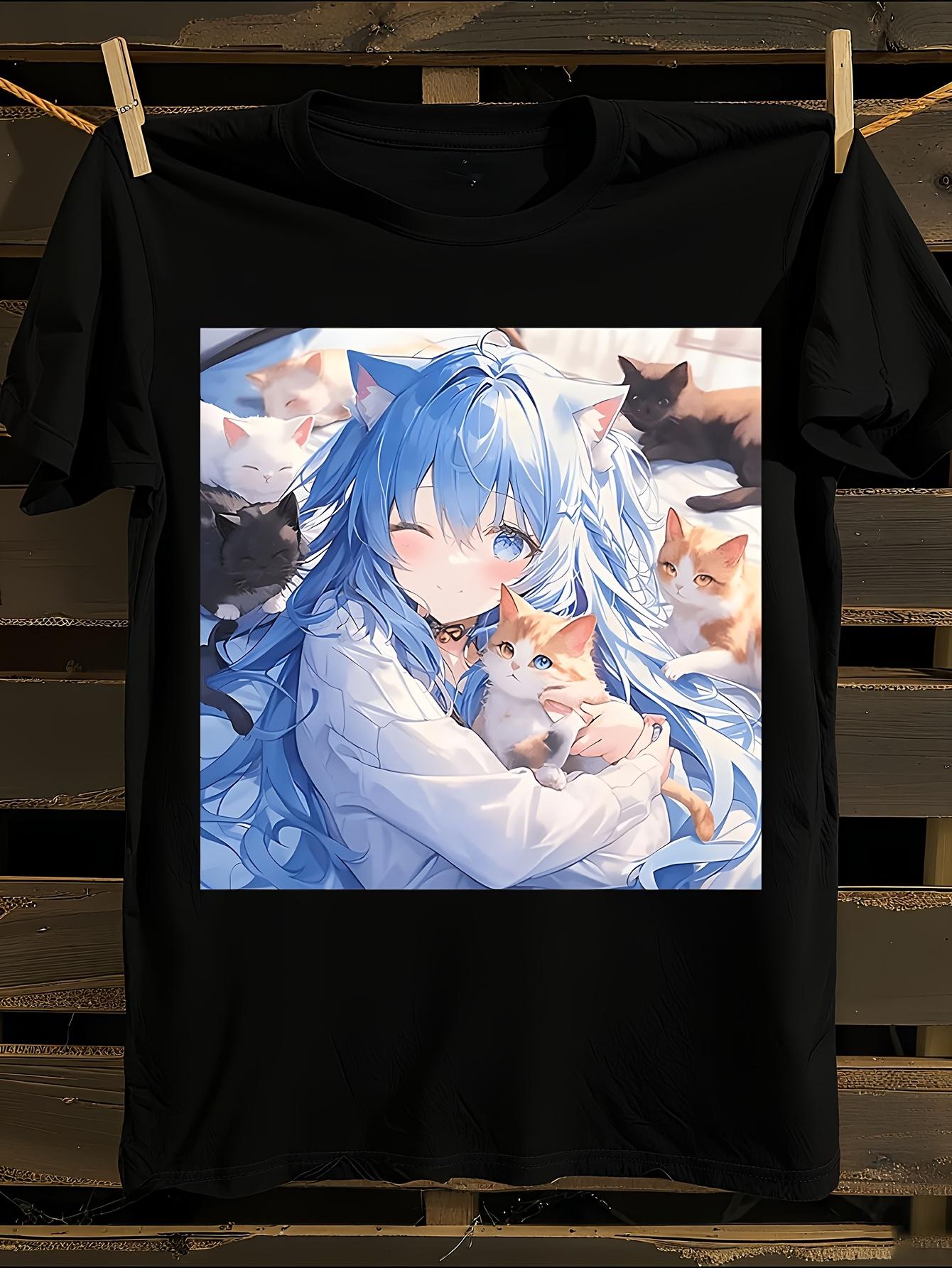 Anime Girl and Cats Print T-shirt M