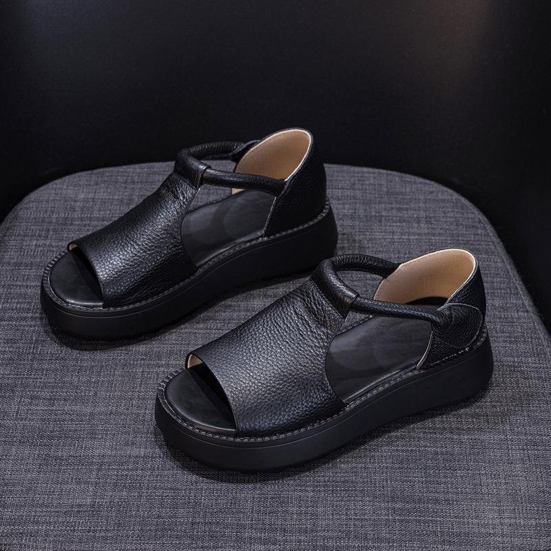 Fashion GKTINOO Summer Wedges Platform Sandals Fashion Genuine Leather Shoes Ladies Casual Peep Toe Soft Comfortable Sandalias De Mujer