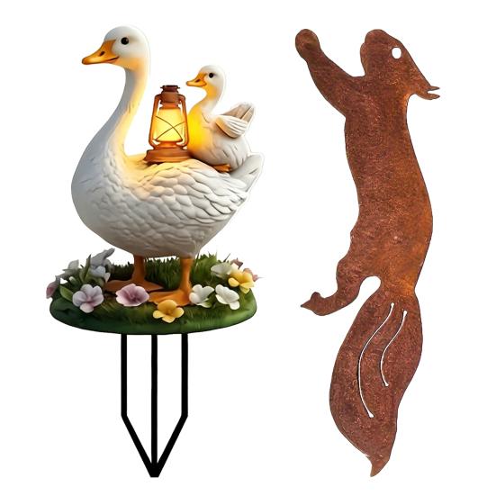 Yousheng 2D Animal Garden Stake, Cute Duck Yard Art Stake, Rusty Squirrel Garden Decoration for Yard Tree Lawn Flower
