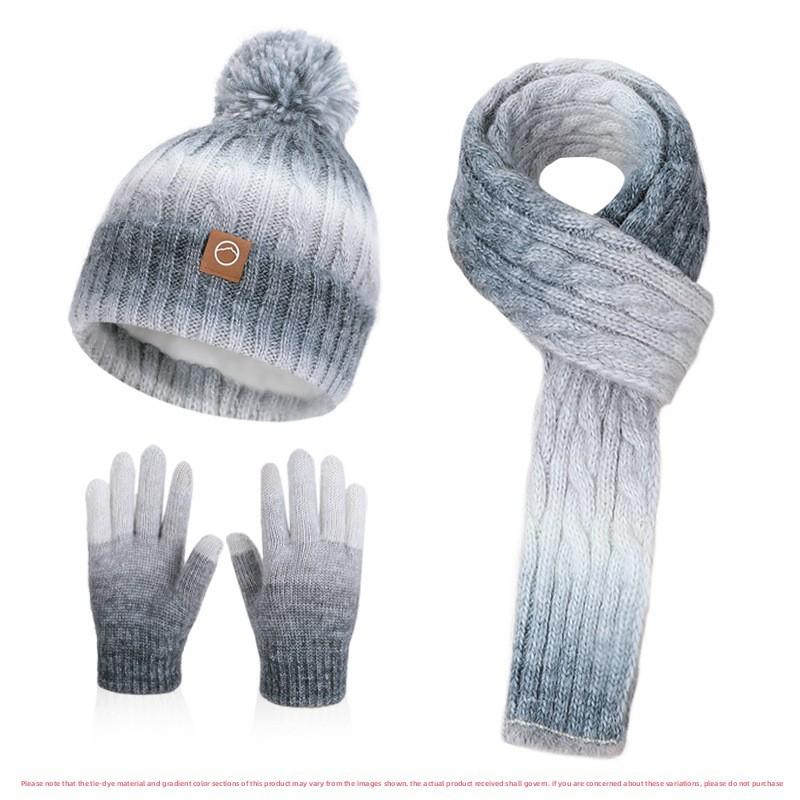 Cartoon Kids Knitted Hat Scarf Gloves Set With Fleece Lining For Winter Outdoor Warmth Grey