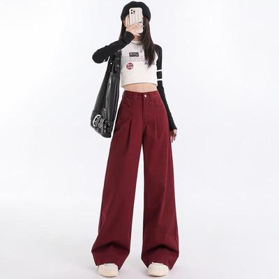 Ankela Women's Red High-Waisted Wide-Leg Jeans - Autumn 2024 Hot Style for Petite