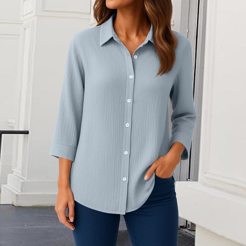 Womens Button Down Shirts 3/4 Sleeve Casual Collared Shirt Loose Blouses Solid Color Tops With Pocket