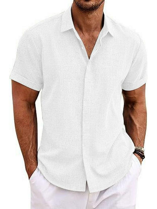 

European & American Men s Faux Linen Short-Sleeved Casual Button-Down Beach Shirt 2XL