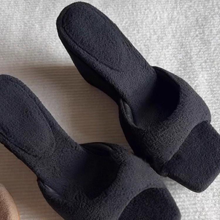 Fashion round Dudu word with wedge heel high heels women's niche fashion versatile bread plush square head cool slippers